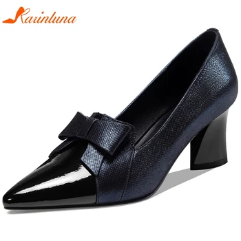

Karinluna New Arrivals 2020 Genuine Leather Office Lady Pumps Woman Shoes Square High Heels Pointed Toe Slip-On Shoes Women