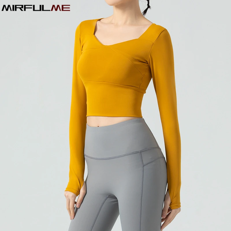 

Women Long Sleeve Sport T-Shirt Quick Dry Slim Padded Yoga Shirt V-neck Thumb Hole Running Sweatshirt Girls Gym Workout Crop Top