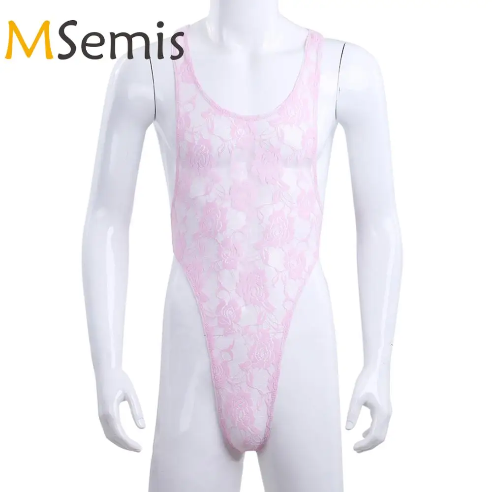 Comprar MSemis lencería Sexy de hombre de una pieza de encaje Floral Semi transparente Mankini Bodysuit ropa interior sin mangas traje de corte alto