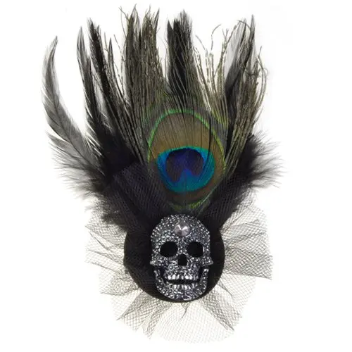 

New Peacock Feather Rhinestone Skull Brooch w/ Pin And Alligator Clip Black