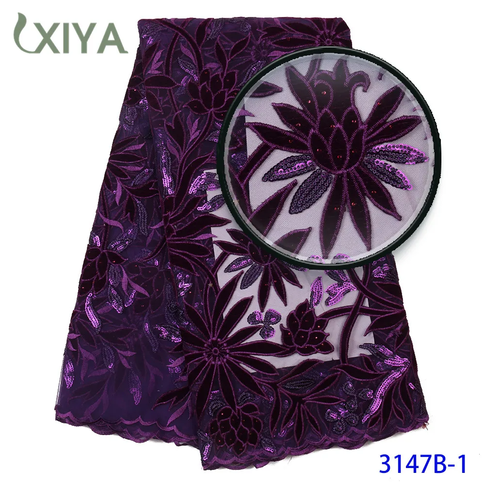 Purple Velvet Lace Fabric Embroidery Nigerian African Lace Fabric with Sequins High Quality Women Sequence Lace Fabric APW3147B