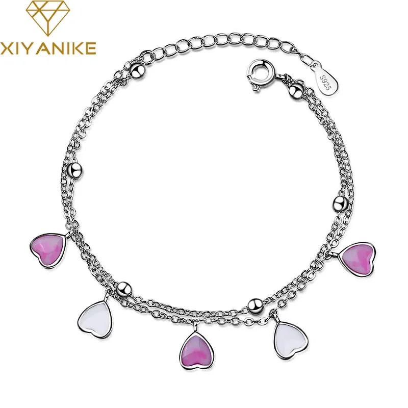 XIYANIKE 925 пробы вишневый цвет розовый градиент двухслойные браслеты для женщин пара очаровательные творческие ювелирные изделия регулируемый
