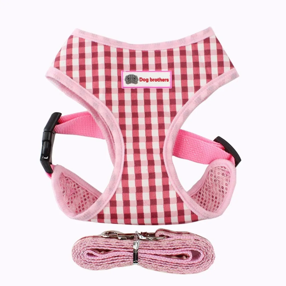 

Breathable plaid pet chest straps Teddy vest puppy chest strap S pink plaid dog collar tag harness leash