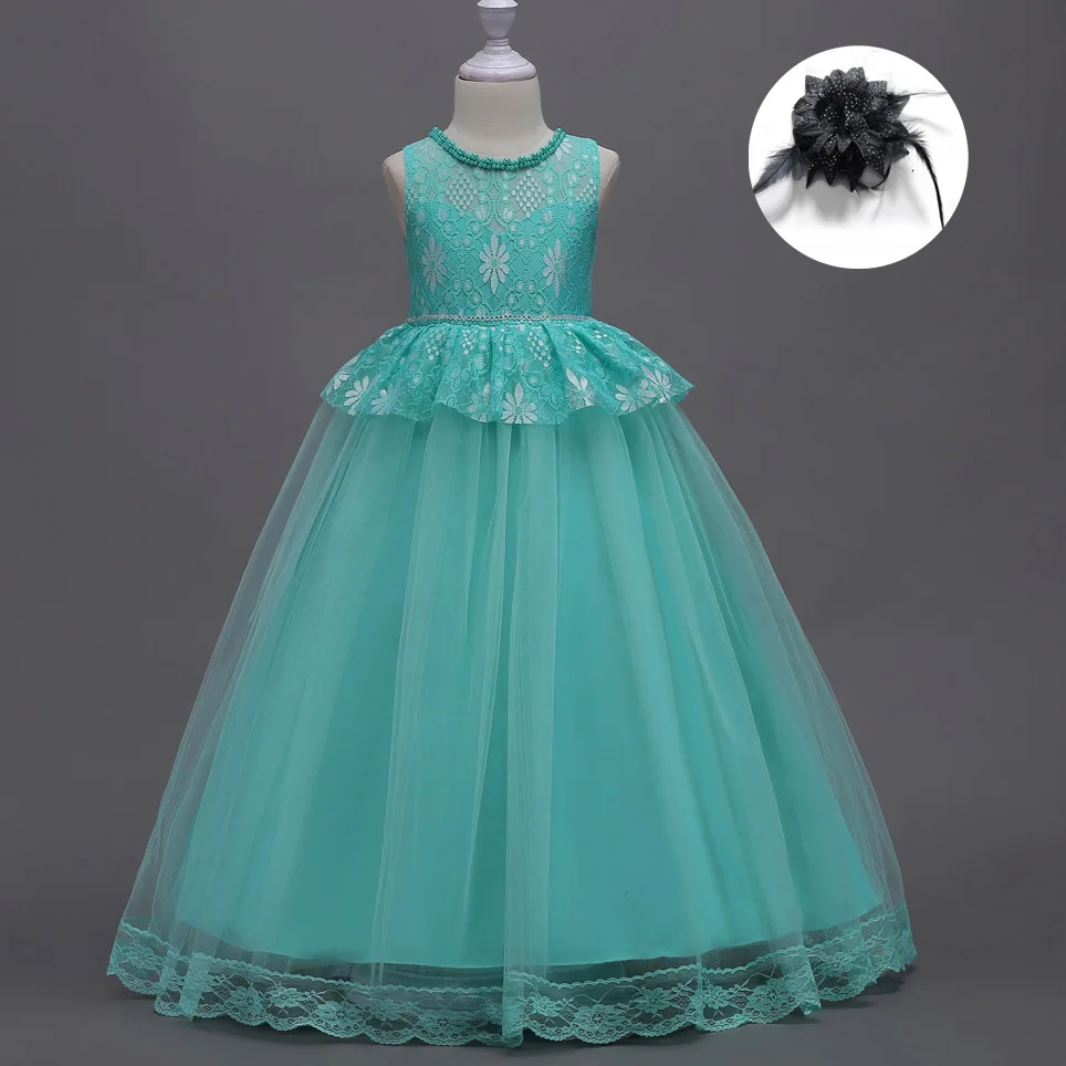 mint green Праздничная одежда для девочек-подростков от 5 до 14 лет, кружевное платье розового, синего, красного, белого, Изумрудного, зеленого цвета элегантные длинные вечерние платья для детей - Цвет: mint green