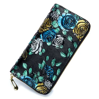 

Women Floral Long Wallet Genuine Leather Large Capacity Zipper Purse Ladies Fashion Rose Wallet