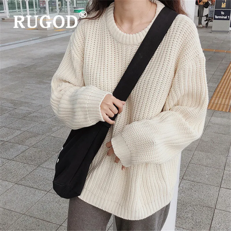 RUGOD, Новые Зимние поступления, корейский шикарный свитер для женщин, круглый вырез, плотная вязаная одежда, модные женские Повседневные базовые Теплые Топы