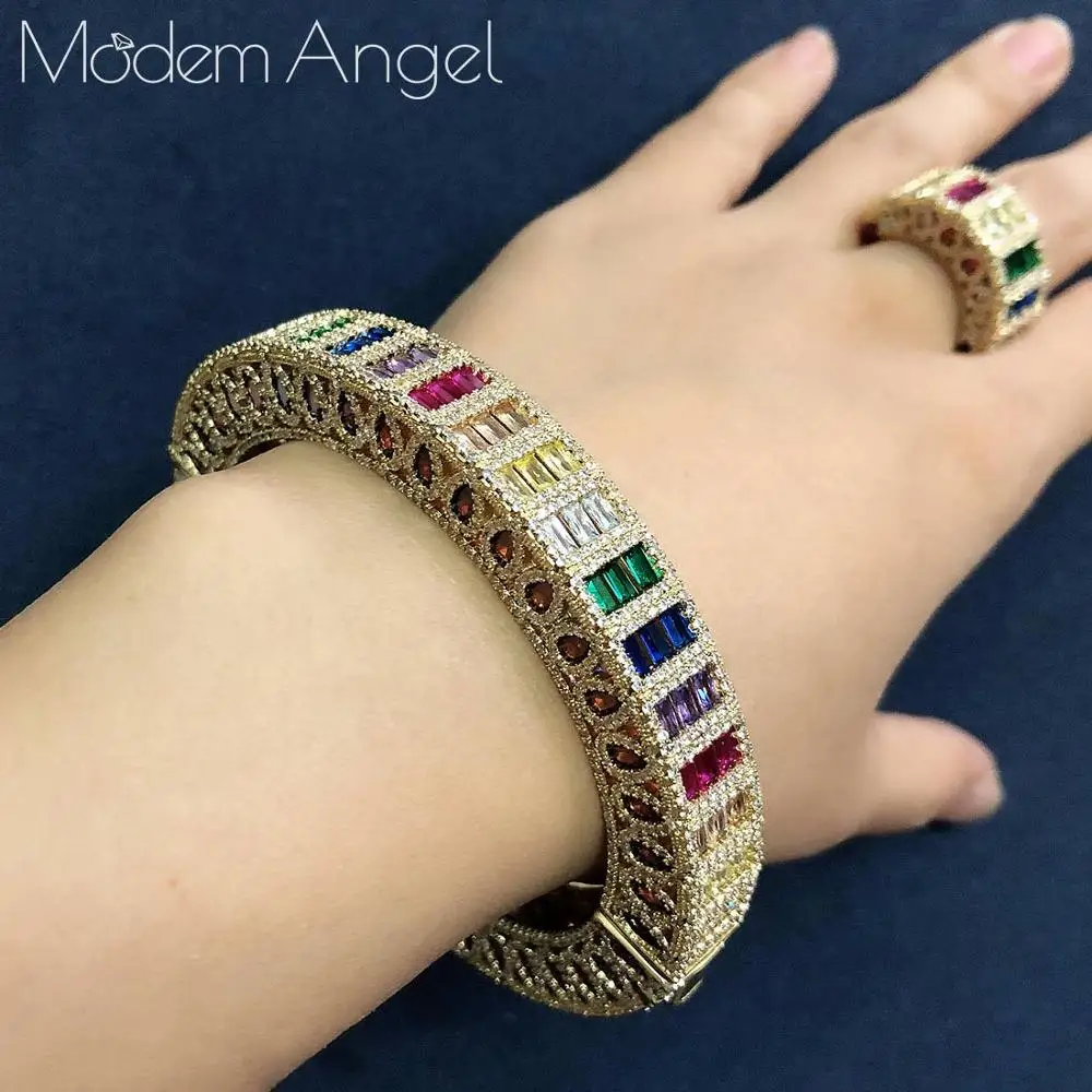 ModemAngel роскошный нежный Arabia браслет набор колец для женщин полный микро кубический циркон проложить Свадебные Саудовская Арабский Дубай ювелирные наборы