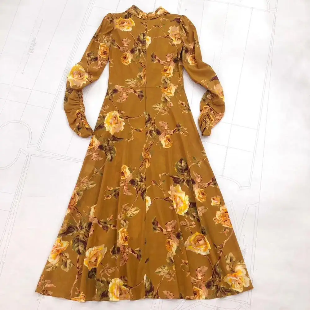 Women's Vintage Court Wind Cross-Neck Silk Print Waist Waist Thin Long Sleeve Dress