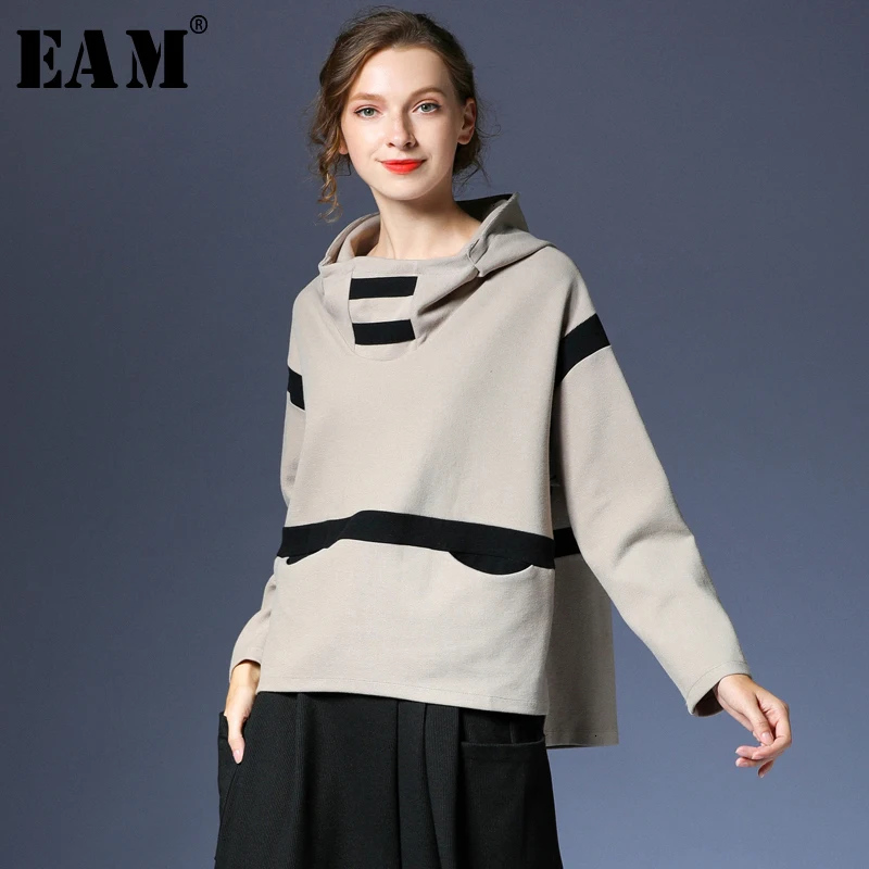 

[EAM] Loose Fit Rgay Striped Asymmetrical Sweatshirt New Hoodedd Long Sleeve Women Big Size Fashion Autumn Winter 2019 1D897