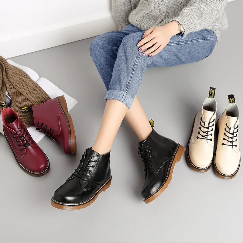 Cena 2019 botki damskie zimowe oryginalne skórzane sznurowane damskie buty do pracy okrągłe Toe jesienne buty czarne kobiece moda utrzymuj ciepło