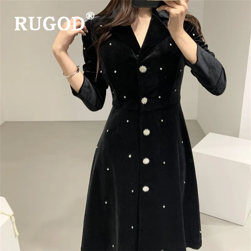 Платья женские RUGOD, элегантное бархатное платье с бусинами, женское модное платье-рубашка с длинными рукавами и пуговицами, офисное платье для девушек, черное платье Vestidos