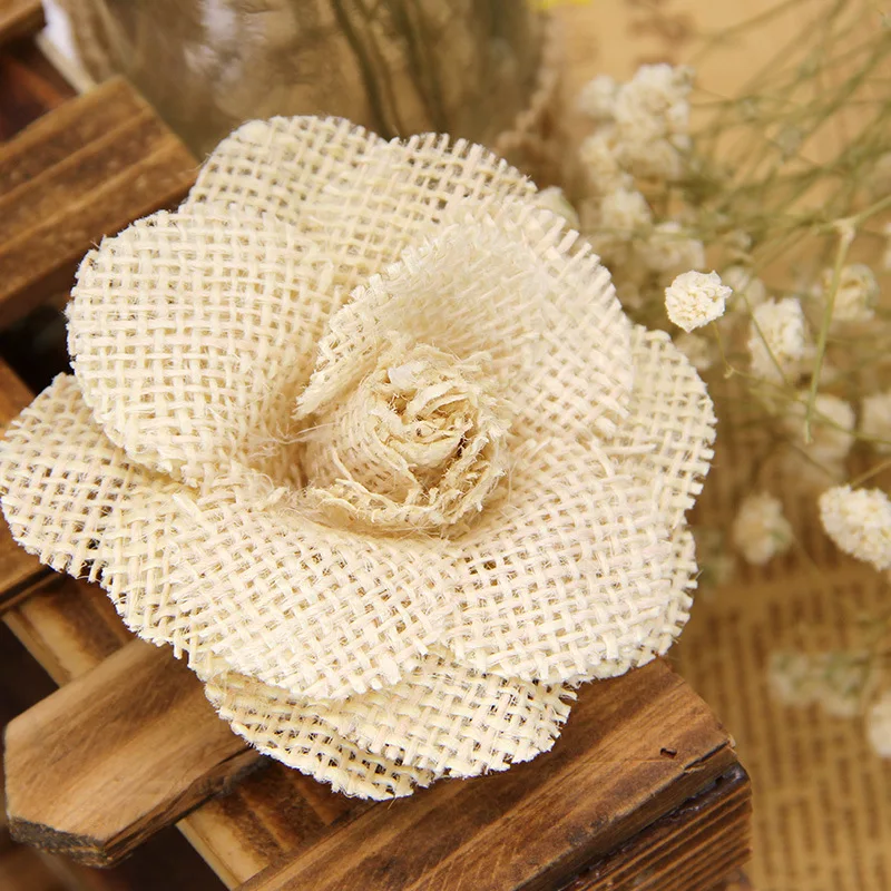 12PCS Large Burlap Flowers for Crafts 3.15 in, Handmade Jute Burlap Roses  Embellishments for Wedding Party Scrapbooking Decorations