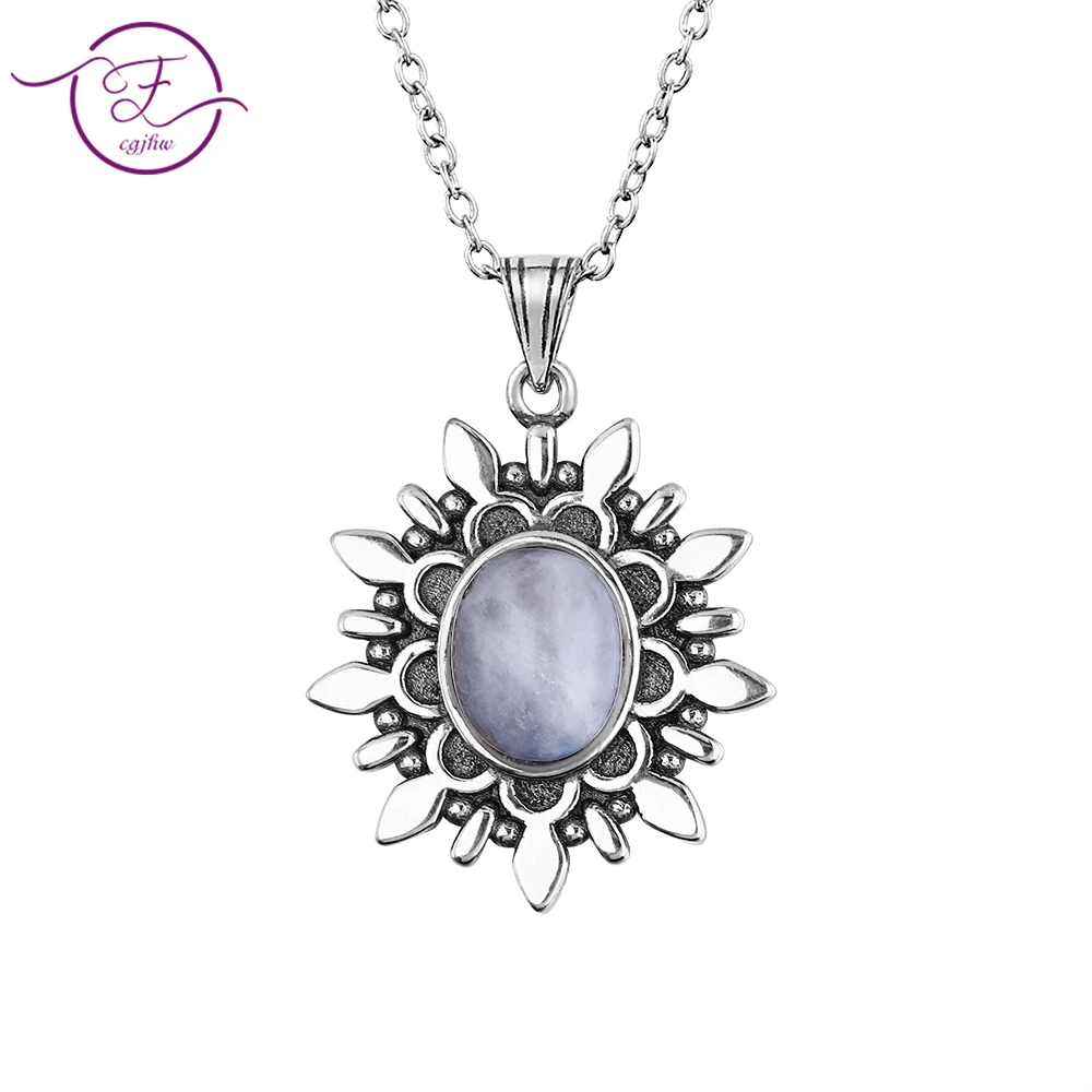 

Noble Fashion S925 Sterling Silver Pendant Necklace Oval 7 * 9 September Moonstone Vintage Flower Necklace Engagement Party Gift