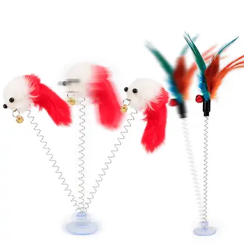 

Cute Cat Interactive Toy With Sucker Spring Feather Plush Mouse Funny Pet Toys XH8Z