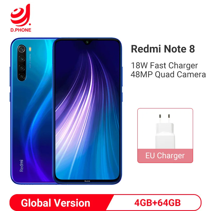Xiaomi Redmi Note 8 с глобальной версией, 4 ГБ, 64 ГБ, Смартфон Snapdragon 665, четыре ядра, 48 МП, камера заднего вида, 6,3 дюйма, 4000 мАч, сотовый телефон