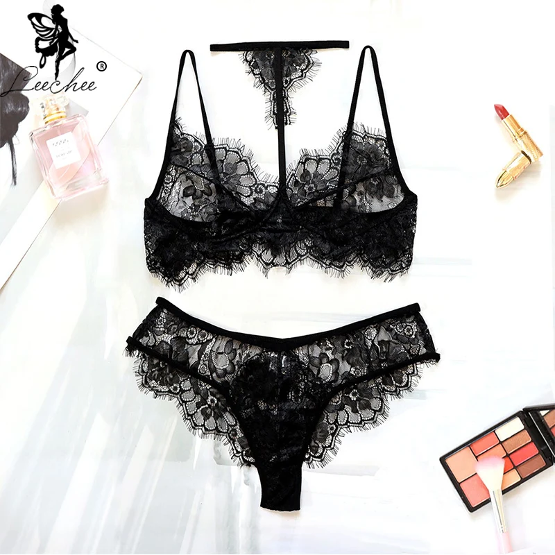 

Leechee Push up Bra set Unlined Transparent Bra and Panty Set Halter Bralette Top 3 color Lace Sexy Underwear Women Lingerie Set