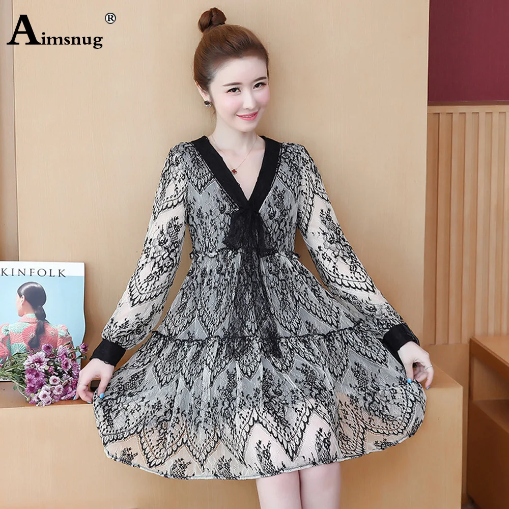 

Aimsnug Splice Lace Floral Dress Women V Neck Long Sleeves Midi A-line Dress Office Ladies OL Sweet Dresses Casual ropa mujer