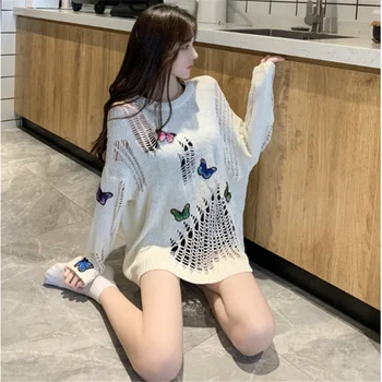 

2020 new fashion early autumn Korean design sense hollow butterfly sunscreen long sleeve pullover knit top round neck thin knit