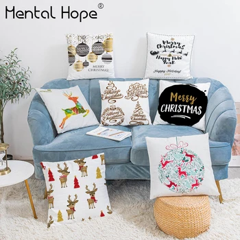 

White Christams Plush Cushion Color Black Letter Soft Throw Pillow Cover Home Decor Square Decorative Bell Pattern Pillowcase