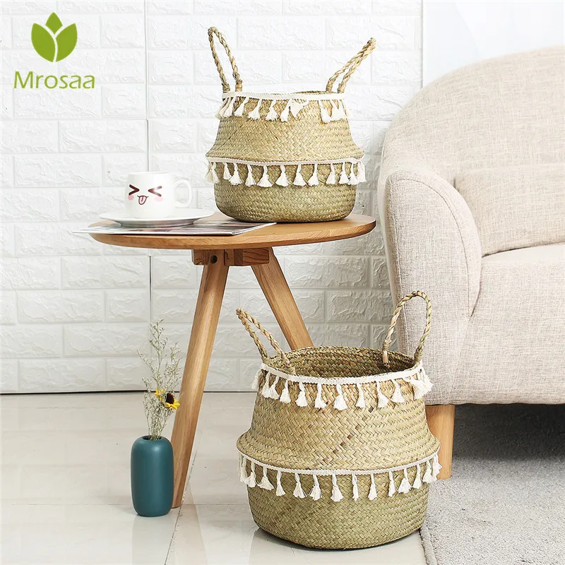 

Handmade Bamboo Storage Baskets Seagrass Wicker Basket Garden Flower Pot Laundry Basket Container Toy Holder with White Tassel