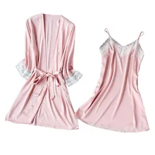 Сексуальный кружевной халат с поясом, комплект из 2 предметов, Женский Атласный пижамный комплект, ночная рубашка, кружевная Лоскутная Пижама Ummer, женский халат, пижама