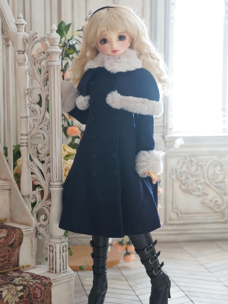 white evening dress & decorative blue floral collarless swing coat set fitted for Smart doll or other 60cm BJD