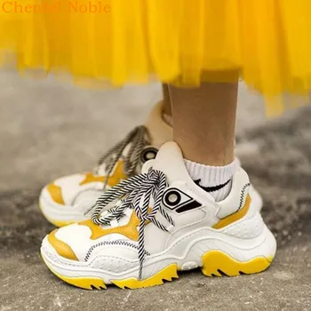 

Yellow Real Leather Suede Women Casual Shoes Mixed Colors Women Platform Shoes Thick Rubber Sole Lace Up Trainers Woman Sneakers