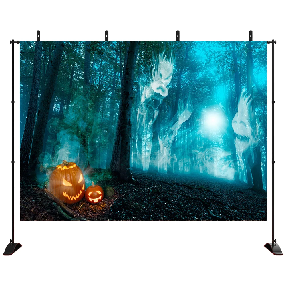 

Halloween Backdrop Gloomy Woods Creepy Ghost Background Grimace Pumpkin Lantern Spooky Halloween Party Children Trick or Treat