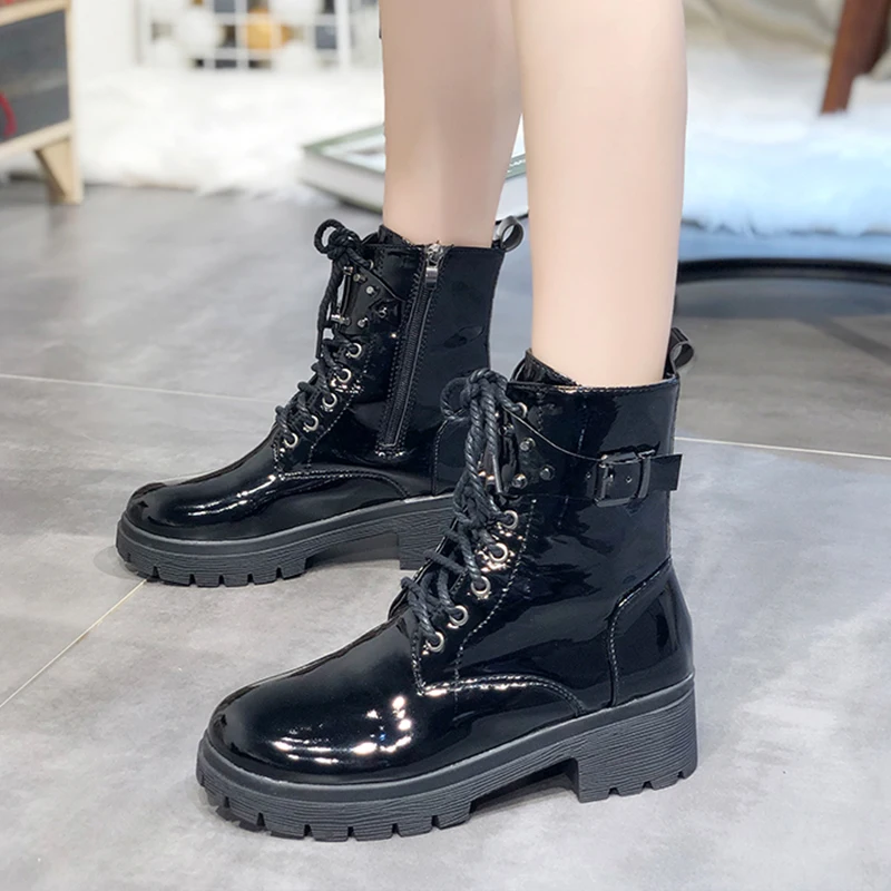 White Western Boots Cowboy Boots Women New Lace Up Leather Boots Black Ankle Boots Women Fashion Punk Combat Boots Platform