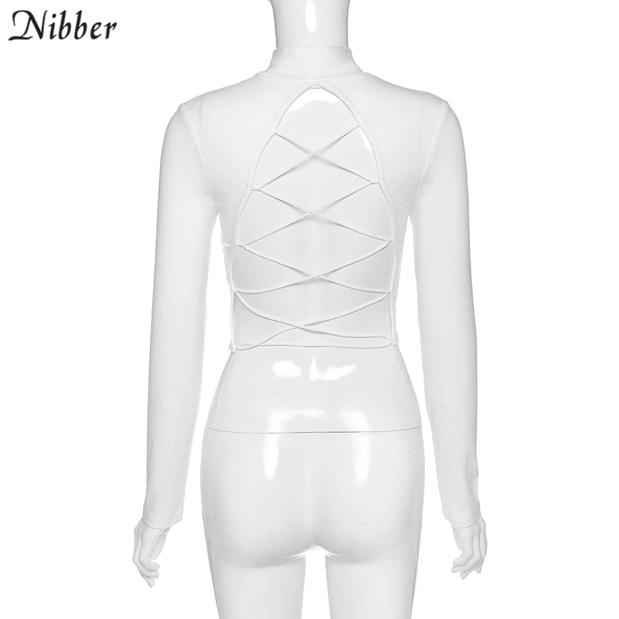 NIBBER street style sexy backless hollow out Bandage top slim turtleneck t-shirt crop top2019autumn  trend full sleeve tee femme