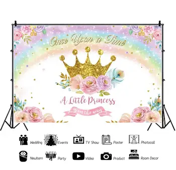 

Laeacco Newborn Baby Shower Princess Photography Backdrop Fairytal Crown Flowers Rainbow Photo Background Photo Studio