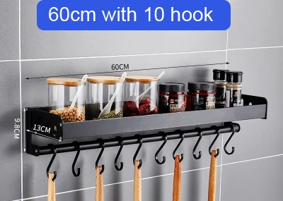 60cm with hook Настенная кухонная клейкая полка, космические алюминиевые стеллажи для специй,, многофункциональное хранение, Настенная Декорация, кухонный держатель - Цвет: 60cm with hook