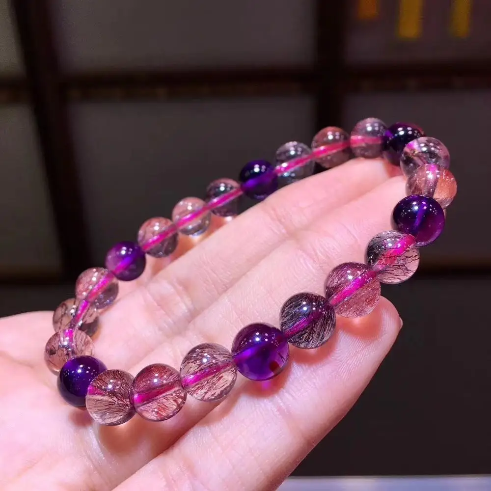

100% Natural Red Lepidocrocite Quartz Super Seven 7 Melody Stone Bracelet 8.1mm Crystal Round Beads Women Certificate AAAAA