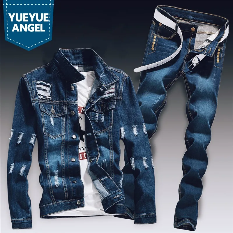 Hole Ripped Slim Fit Jacket Jeans Sets 