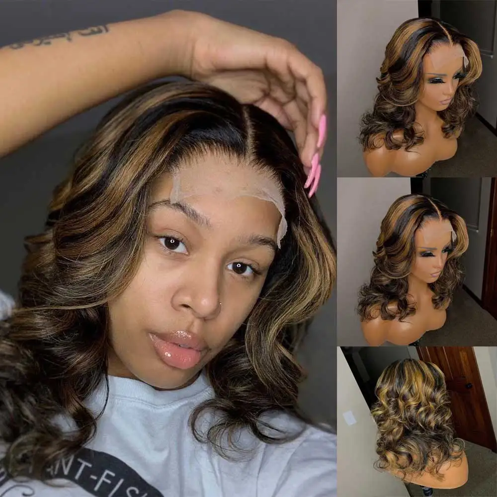 

Ombre Highlight lace Front Human Hair Wig Pre Plucked Brazilian Remy Wavy Invisible Lace Full 360 Lace Frontal Wig Atina