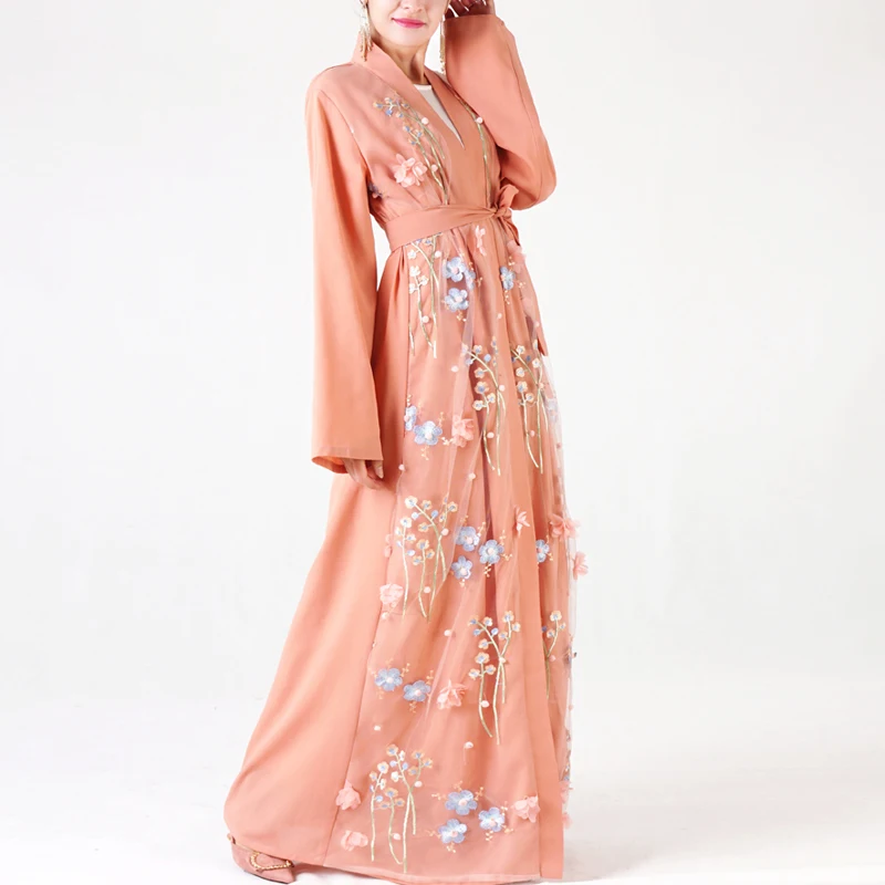MISSJOY 2019 мусульманское женское платье халат-кимоно сладкий 3D твердый Цветочный Вышитая мусульманская одежда Турецкая мусульманская одежда