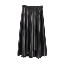 Черные плиссированные юбки из искусственной кожи, женские зимние длинные юбки с асимметричным подолом, европейские плиссированные юбки из искусственной кожи для женщин
