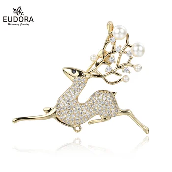 

EUDORA Luxurious Forest Elk Elf Brooch with clear Crystal pearl clothes Decoration Animal brooch DIY Jewelry girl fashion gift