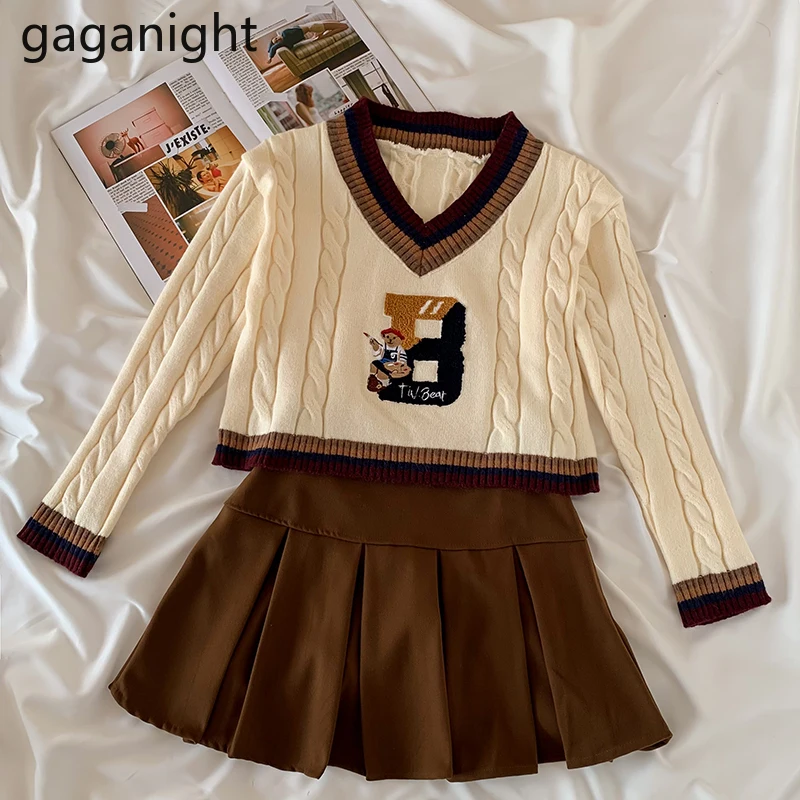 Gaganight Women Two-piece Suit Female 2021 Spring Autumn New Japanese College Style Retro Knitted Sweater Pleated Skirt |