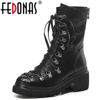 

FEDONAS Motorcycle Boots Women Winter Party Basic Shoes Woman Genuine Leather Short Boots Cross-Tied Back Zipper Ankle Boots