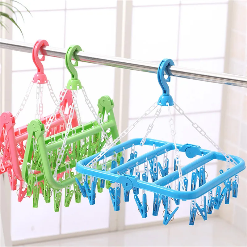 32 Clips Clothes Hanger Clothes Drying Rack Hanger Fold Plastic Drying