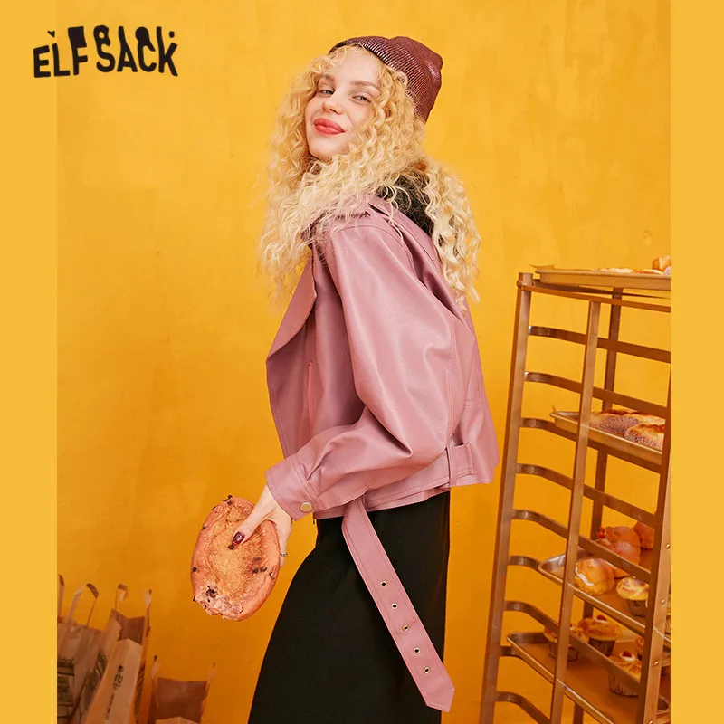 ELFSACK, розовый, однотонный, локомотив, корейский стиль, кожаные куртки для женщин,, зимние, модные, черные, на молнии, для офиса, для девушек, короткие пальто