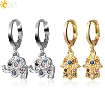 

CSJA Colorful CZ Crystal Hamsa Hand Fishbone Earrings for Femme Rose Gold Color Elephant Animal Metal Earring Brincos 2020 S659