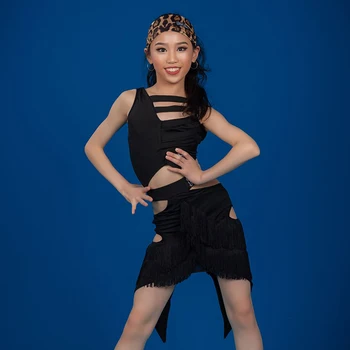 

Girls Latin Dance Dress Children Black Hollow Design Vest Fringed Skirt Cha Cha Rumba Samba Tango Dancing Practice Wear DNV12615