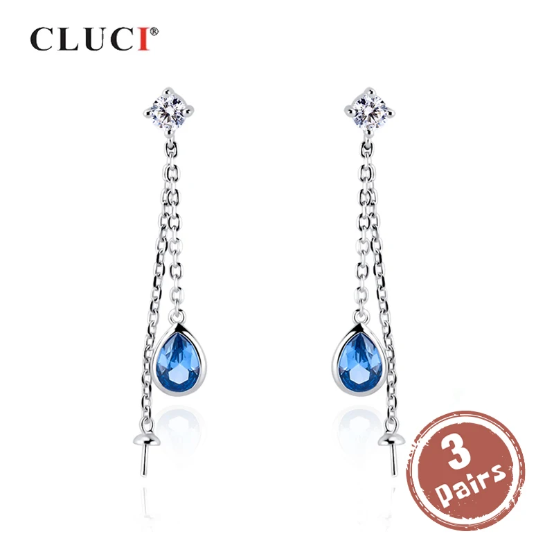 

CLUCI 3 pair 925 Sterling Silver Women Pearl Earring Mounting Single Blue Oval Zircon Long Stud Earrings Jewelry SE135SB