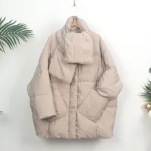 

Women White Duck Down Jacket with Scarf Loose Over Size Snow Warm Coat Casual Solid Color Winter Outwear