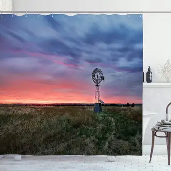 

Shower Curtain for Bathroom 72x72 Vintage Summer Beautiful Sunset Falling Behind Windmill Dusk Nature Mill New Parks Outdoor