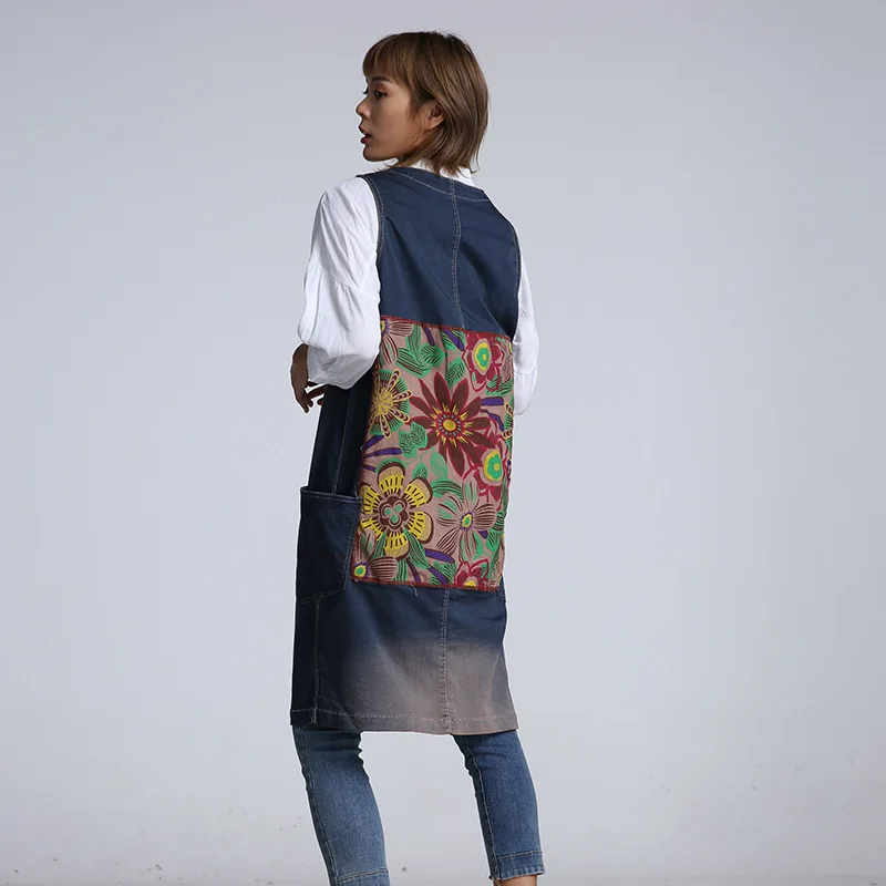 

March Produced Retro Literature And Art Joint Printed Applique Washing Retro Mid-length Denim Vest Large Size Waistcoat Women's