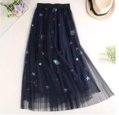 Female Skirts Women Elegant High Waist Embroidered Star Goose Pattern casual fashion Gauze Skirt