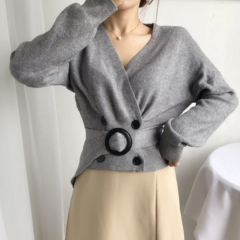 gkfnmt Autumn Winter Sweaters Tops Long Sleeve V-neck Thick Sashes Sweater Pullover 2020 Solid Fashion White Gray Women Clothing | Женская